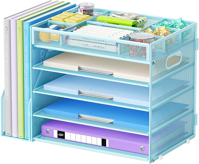 Marbrasse 5-Tier Desk Organizer with File Holder,Paper Letter Tray Organizer,Desktop File Organizer with Adjustable Compartments,Mesh Desk Organizers and Accessories for Office Supplies,Blue by Marbrasse