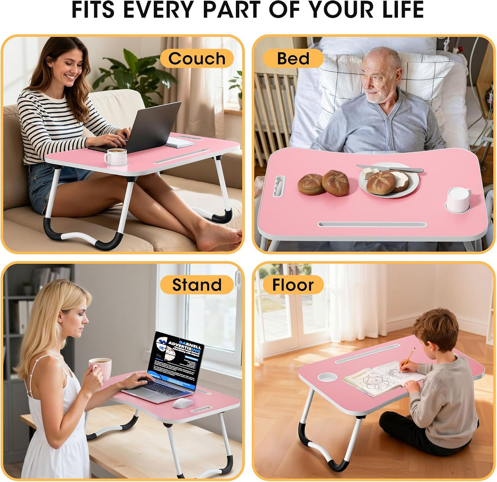 Folding Lap Desk, 23.6 Inch Wood Laptop Bed Desk with Cup Holder, Portable Bed Table for Working Writing Reading & Eating for Bed, Sofa, Couch, Floor - Pink - Image 7