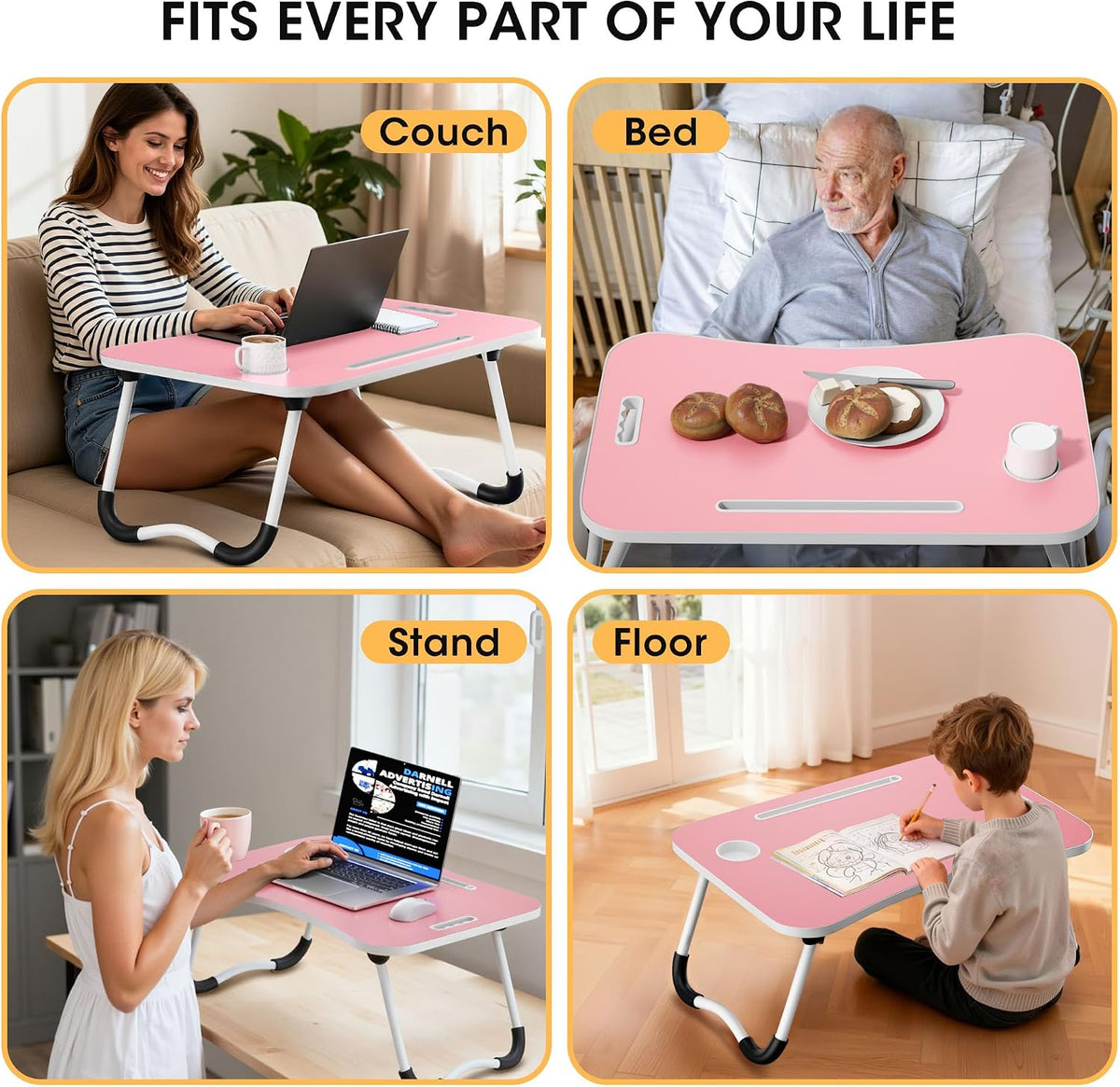 Folding Lap Desk, 23.6 Inch Wood Laptop Bed Desk with Cup Holder, Portable Bed Table for Working Writing Reading & Eating for Bed, Sofa, Couch, Floor - Pink - Image 7