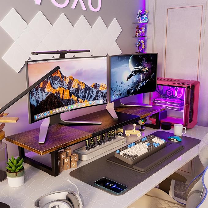 Simple Trending 38" Dual Monitor Stand Riser, Desk Organizer, Rustic Brown | Laptop & Printer Stand, for 2 Monitors, Wood and Steel, Ergonomic Support, Easy Setup, Home Office Desk, 38"W x 10.25"D x 5"H - Image 5