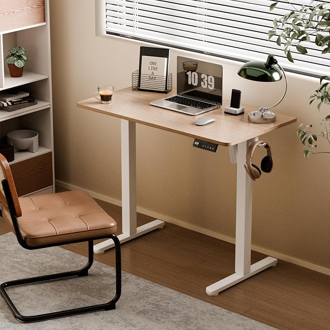 35" Electric Standing Desk, Small Sit Stand up Desk, Light Walnut | Height Adjustable Computer Desk for Home Office, Compact Work & Gaming Desk with Cable Management and Stable Steel Frame - Image 2