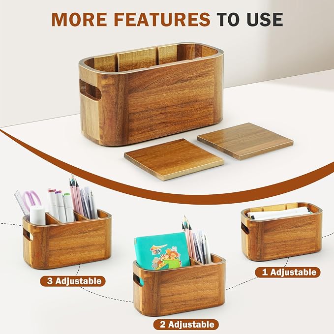 Acacia Pencil Pen Holder for Desk, Wooden Office Organizer with 3 Slots for Countertop, Makeup Brush Holder Remote Control Organizer for School Home Supplies - Image 2