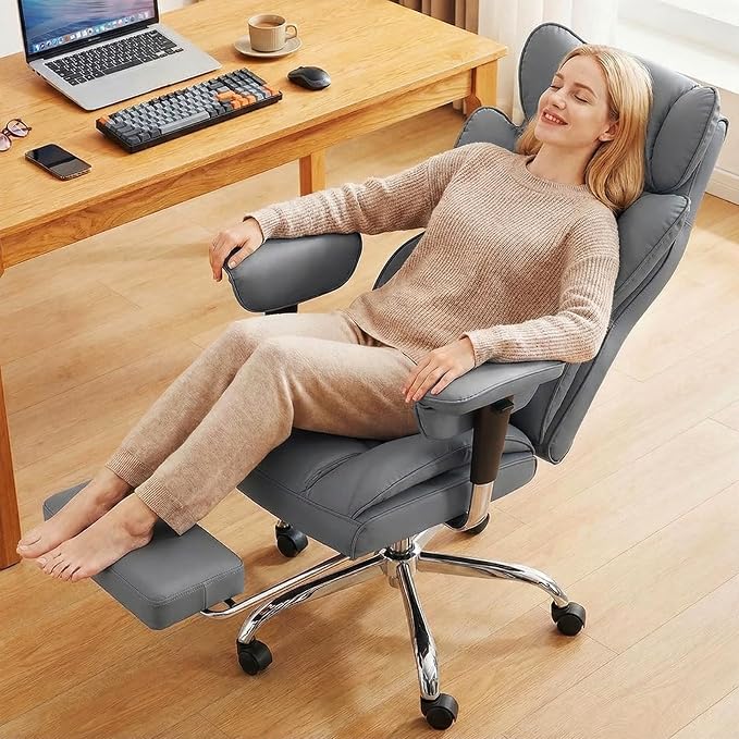 DUMOS Big and Tall Home Office Desk Chair, Executive Chair with Footrest | PU Leather, Ergonomic Comfy Lumbar Support, High Back Reclining, Adjustable Armrests, Grey - Image 9