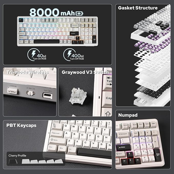 EPOMAKER x Aula F99 Wireless Mechanical Keyboard, Hot Swappable Gasket | Custom Gaming Keyboard with Five-Layer Padding, BT/2.4GHz/USB-C, 8000mAh Battery (White Grey, Graywood V3 Switch) - Image 2