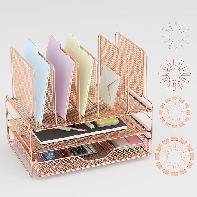 LEKETREE Rose Gold Desk Organizer, Office Organization with Vertical File Holder, File Organizer with Drawer and Office Supplies, Desk Accessories and Workspace Organizers (Rose Gold) by Stylishworkspaceeffortlessorganization