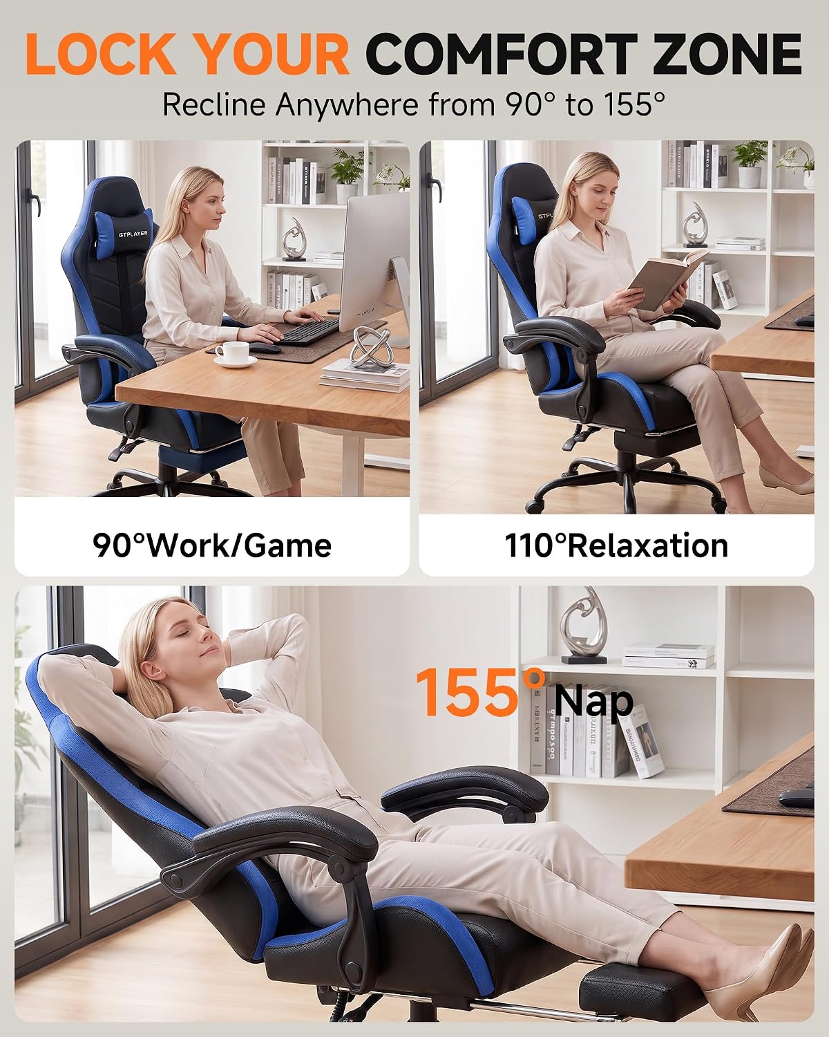 GTPLAYER Gaming Chair for Adults, Computer Chair with Footrest,Black & Blue - Image 5