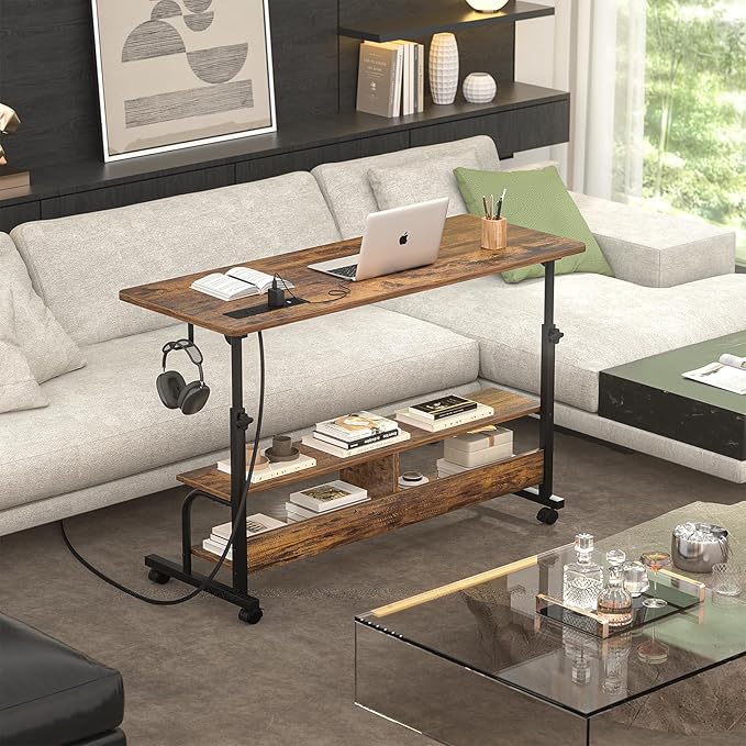 47" Rolling Standing Desk with Charging Station for Couch Bed | Height Adjust 27.5-41", 2 AC/3 USB, Mobile 4 Lockable Wheels, 2-tier Shelves Hook, Safe Corner Fast Assembly - Image 8