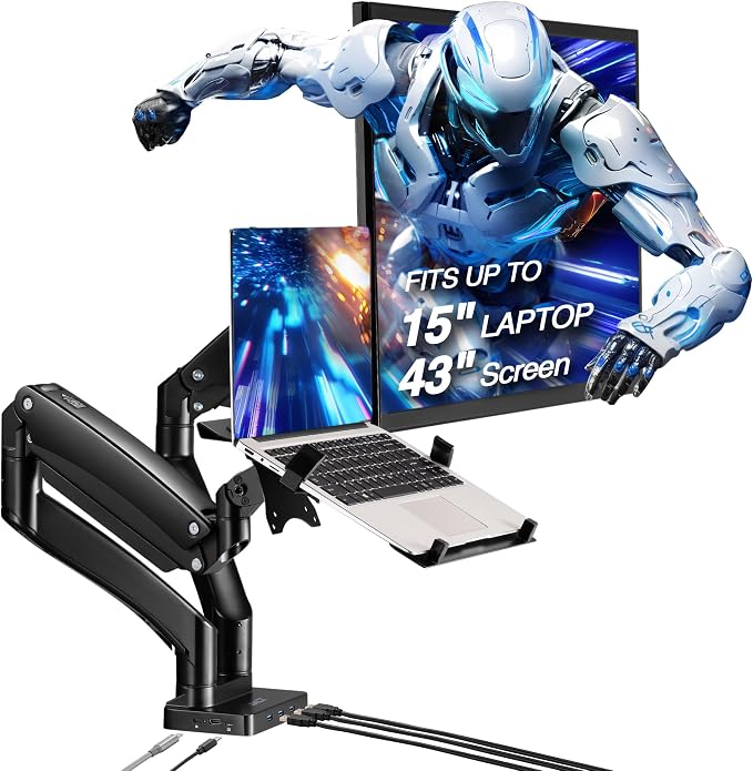 Dual Monitor Arm Desk Mount with 15" Laptop Tray & USB-C&A Docking Station | AVLT 17”-43" HDMI 4K60Hz, Ethernet, Gbps, 100W PD, Fits Two Flat/Curved Monitor - Black by AVLT-USA