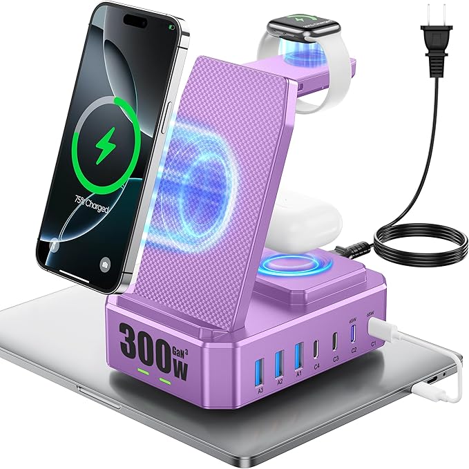 300W Charging Station for Multiple Devices Apple, Zutspzss 10 in 1 Wireless Charger for iPhone 16, GaN III USB C 65W PD Fast Charging Stand Dock for MacBook, Apple Watch&Airpods,Purple by Zutspzss