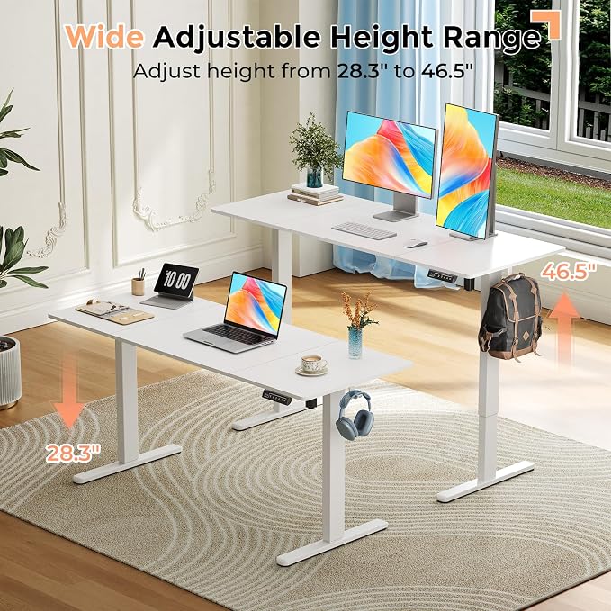 59"×24" Large Electric Standing Desk, Sit Stand Desk, White | 3 Memory Preset Height Adjustable Desk with 2 Hooks for Home Office & Gaming, Heavy Duty Computer Desk with Spliced Tabletop - Image 3