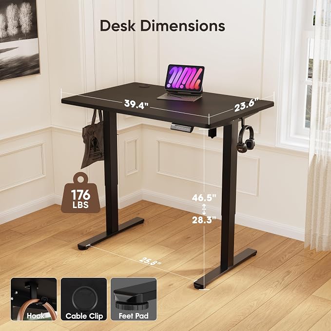 Monomi 39.4" Electric Standing Desk, Height Adjustable sit Stand up,Black | Small Ergonomic Home Office Computer Desk Workstation with 3 Memory Setting and headphone hooks,Space Saving,Easy Install - Image 2