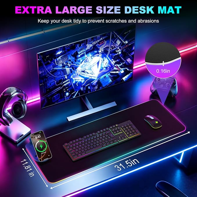 Wireless Charging RGB Gaming Mouse Pad with Foldable Phone Holder, Black | Charging Desk Mat, Large Desk Mat with Waterproof Surface, Ultra-Smooth Surface and Non-Slip Base for Gaming & Office - Image 6