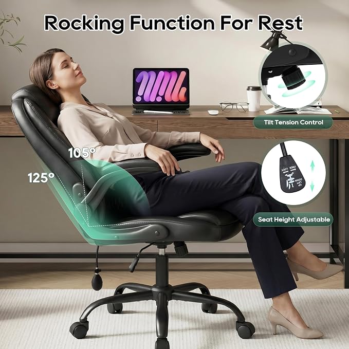 MALOL Leather Office Chair with Adjustable Lumbar Support Set of 2, Black | Computer Desk Chair with Thick Cushion, Flip-Up Arms and Ergonomic Back, Comfy Executive Office Chair for Home Office Gaming - Image 10