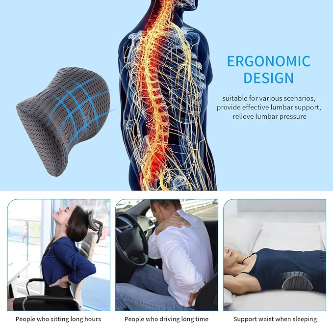 Lumbar Pillow, Memory Foam Lumbar Support Pillow for Office Chair and Car Seat, Back Support Pillow for Lower Back Pain Relief, Support Cushion Back Pillow for Sleeping, Driving, Resting - Image 4