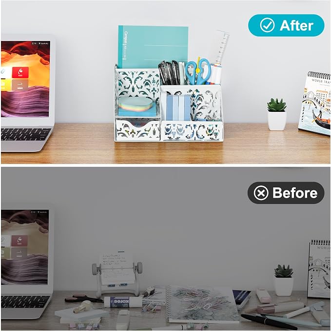 EasyPAG Desk Organizer and Pen Holder for Desk, Mesh Office Supplies Storage Caddy with Drawer for Small Space, Desktop Organizer for Home Office, White - Image 5