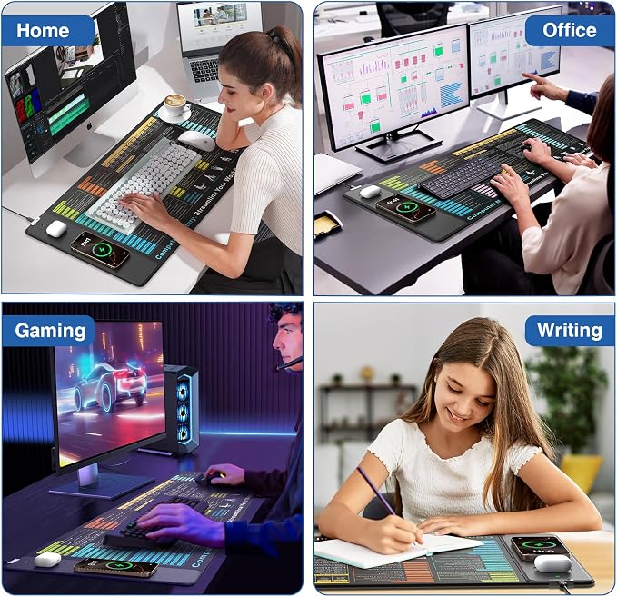 Wireless Charging Mouse Pad with Excel Formulas Shortcuts, 31.5"x15.8" in | Office Spreadsheet Cheat Sheet Desk Mat, Waterproof Easy Gliding Surface, Non-Slip Base, with 20W PD Adapter - Image 6