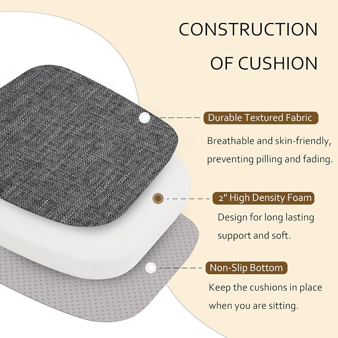ELFJOY Non-Slip Chair Cushions for Dining Chairs Dark Grey 16.7"x16" | 4 Pack, with Ties and Washable Cover, U Shape, Breathable Fabric, for Kitchen Dining Office Folding Chairs，Comfortable - Image 7