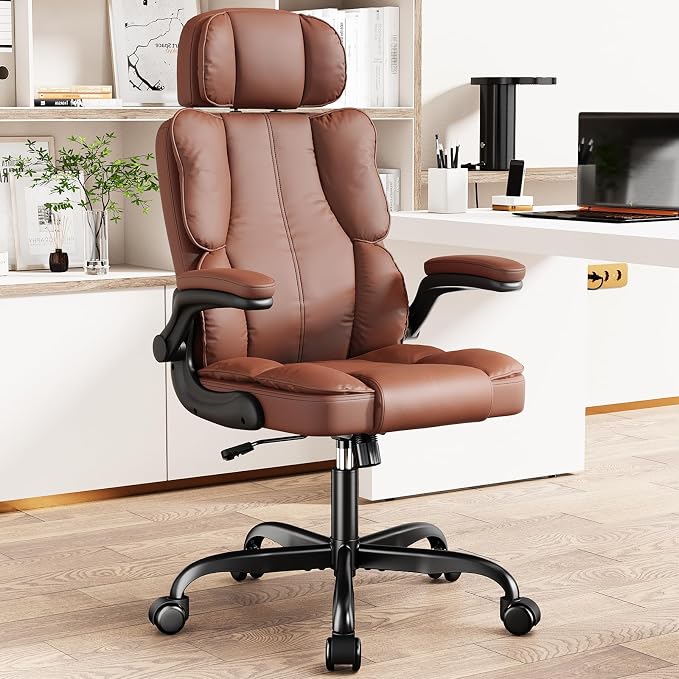 Kensaker Managerial Executive Chair with Adjustable Headrest | High Back Lumbar Support Computer Chair PU Leather Chairs Comfy with Double Padding & 135° Rocking for Home Office, Brown - Image 2