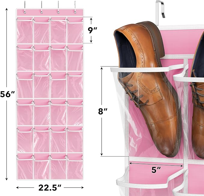 Simple Houseware 24 Pockets Large Clear Over the Door Shoe Organizer, Pink | 56" x 22.5", 4 Durable Metal Hooks, 5" x 9" Pocket Size, Multipurpose - Image 2