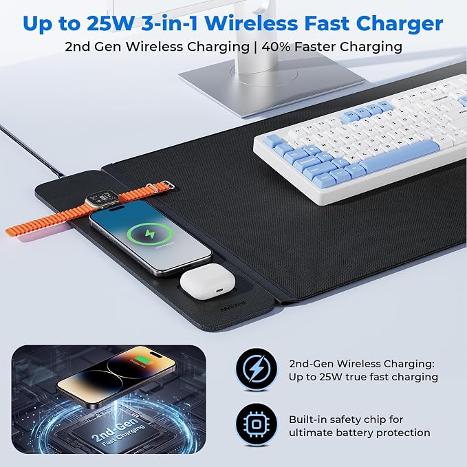 2nd Gen Wireless Charging Desk Mat, 3-in-1 Magnetic Mouse Pad | 35.43"x15.75" Large Charging Mat, 2nd Gen Wireless Tech, Waterproof Non-Slip Pad Charges Phone Watch Earbuds - Image 2
