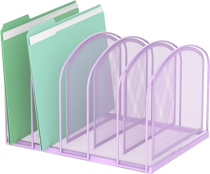 File Organizer 5-Section Mesh Desk Organizer, Upright File Organizer Desktop Organizer File Sorter, File Folder Holder for Office Supplies, Purple | 5 Vertical Compartments with Sturdy Metal Base for Office Documents Books Magazines and Laptop by SUPEASY