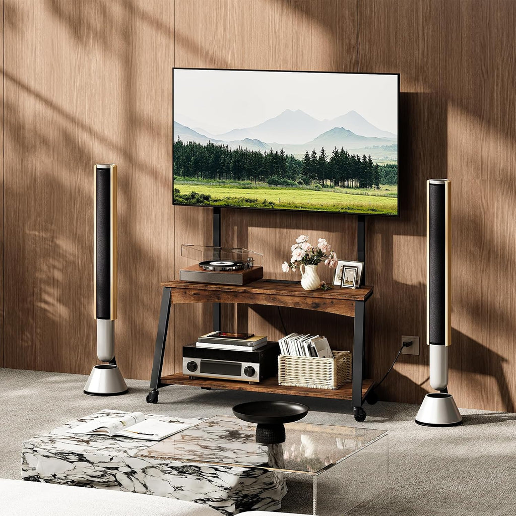 Mobile TV Stand with Charging Station and Adjustable Mount, 2-Tier Rolling TV Console Table for TVs up to 70 inch, for Living Room, Bedroom, Rustic Brown and Black TDS10UBF - Image 2