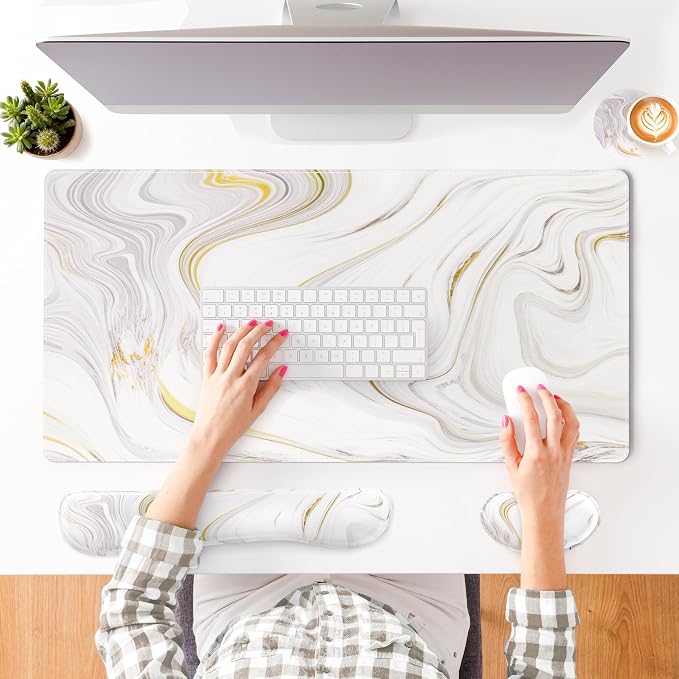 QIYI PU Leather Desk Mat Set, 4-in-1 Ergonomic Wrist Rest, White Marble | Waterproof Large Mouse Pad 31.5×15.7 + Keyboard Wrist Rest + Mouse Wrist Support+Coaster, Non-Slip Office Gaming Accessories - Image 8