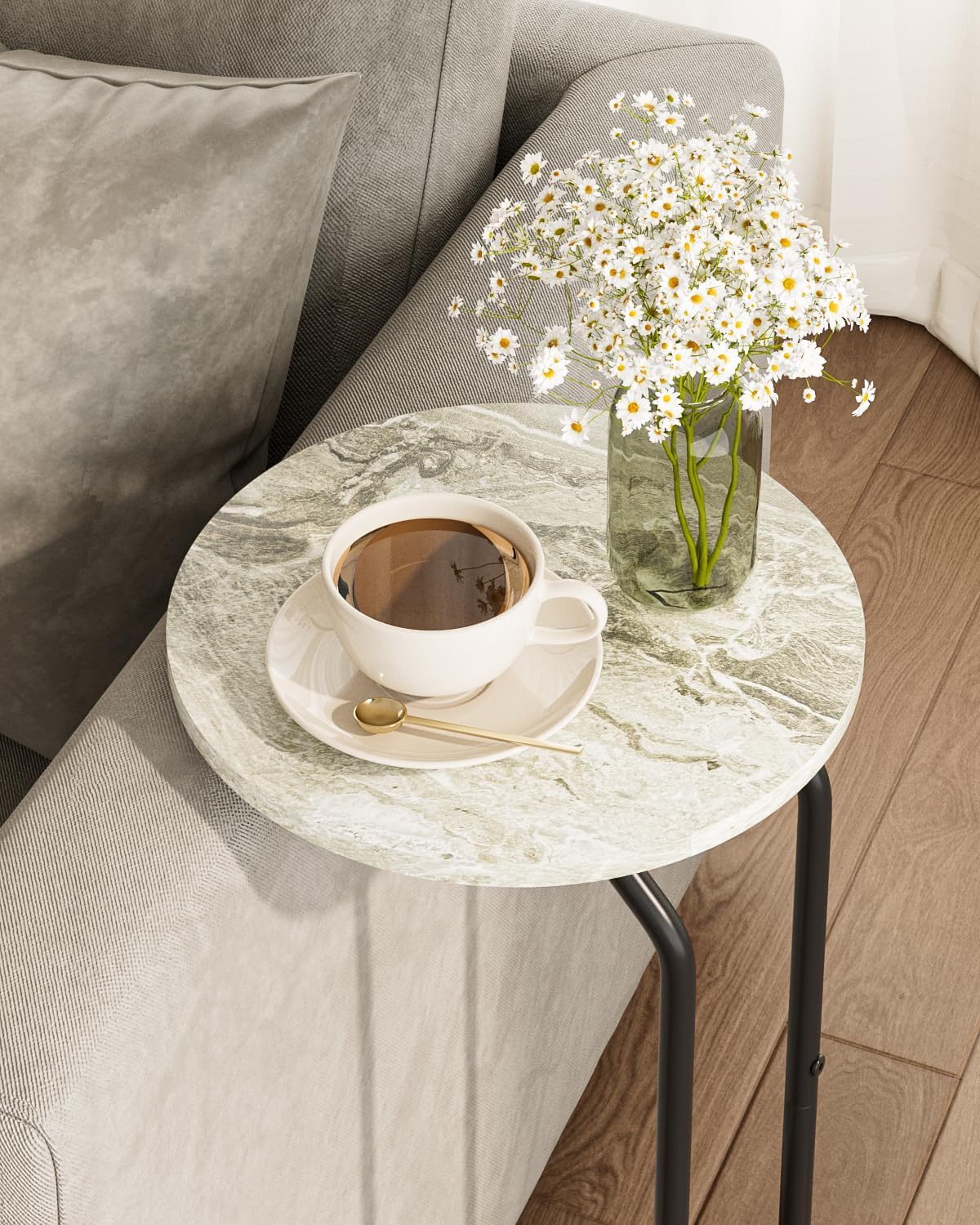C-Shaped End Table, Small Side Table for Couch, Marble and Black - Image 7