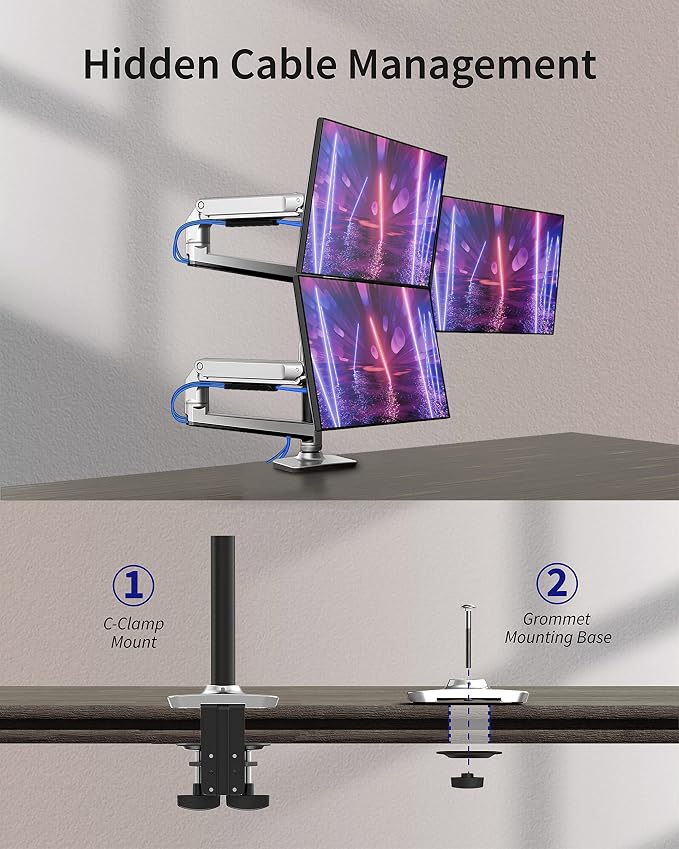 Ergounion Heavy Duty Triple Monitor Mount, Mechanical Spring 3 Monitor Arm for Ultrawide & Curved Screens, Fits Three 13-40 Inch Displays up to 25 lbs Per Arm, Premium Aluminum VESA Stand, Silver - Image 6