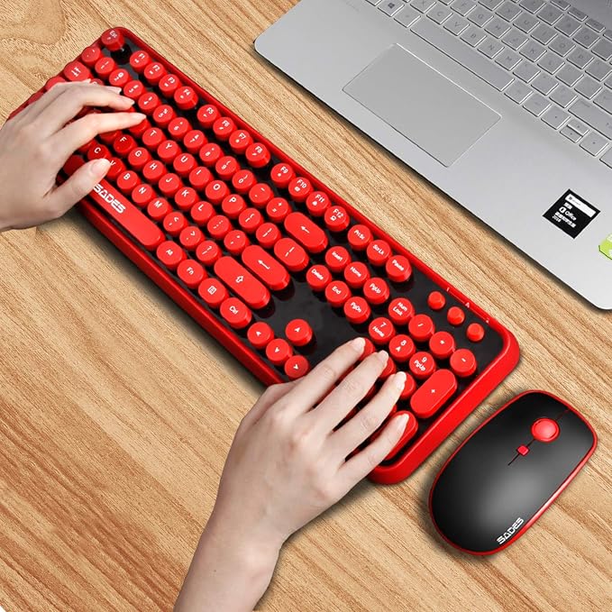 Red Wireless Keyboard and Mouse Combo,Typewriter Bubble Keys,for PC Laptop | Retro Round Keycaps,Clicky Sound,2.4GHz USB Receiver,Creamy Aesthetic Style,Full Size with Number Pad for Computer Desktop - Image 5