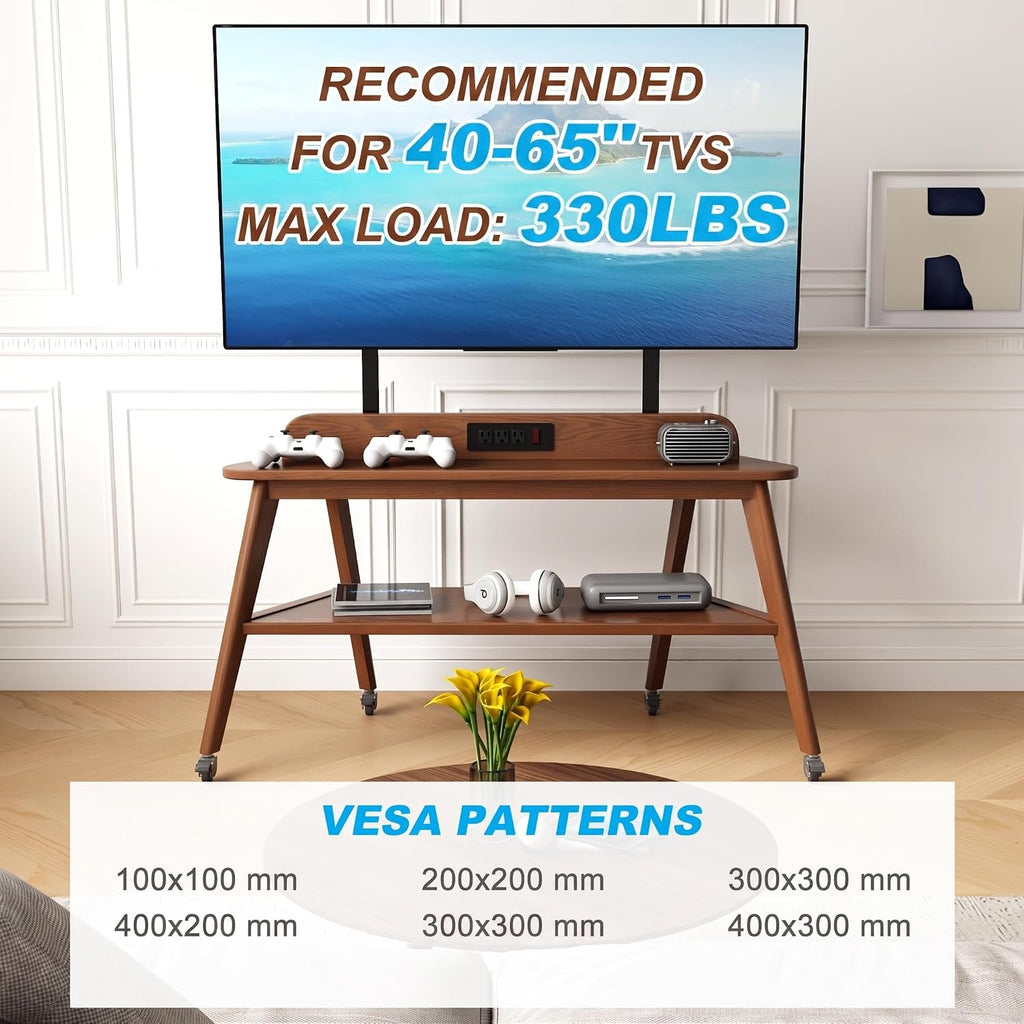 Solid Wood Rolling TV Stand with Power Outlet, Mobile TV Stand - Image 6