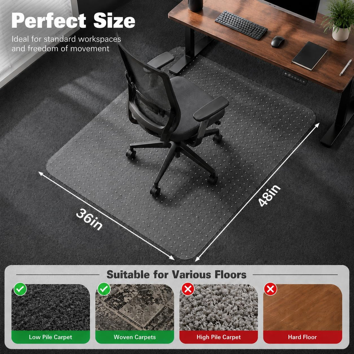 Office Chair Mat for Carpet, 36"×48" Heavy-Duty Clear Desk Floor Mat for Low Pile Carpets, Non-Slip PVC Carpet Protector Mat for Home, Office, Gaming Room, Smooth Glide, Easy to Clean - Image 5