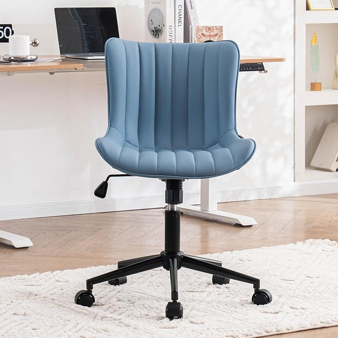 YOUNIKE Office Desk Chair with Wheels Armless Vanity Chair Modern Blue | Faux Leather Upholstered with Rocking Back, Swivel Height Adjustable Small Cute Computer Rolling Task Chair Ergonomic 300lb by YOUNIKE