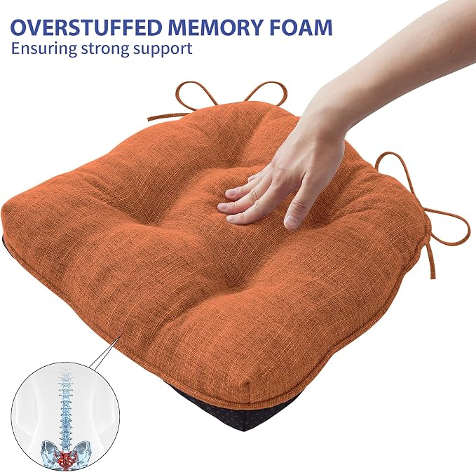 IPYNBAP Chair Cushions Set of 4, 15.5" x 15.5" x 4" Outdoor & Indoor Seat Cushions with Ties, Non Slip, Memory Foam Chair Pads for Dining, Kitchen, Office, Patio Furnitures, Orange - Image 5