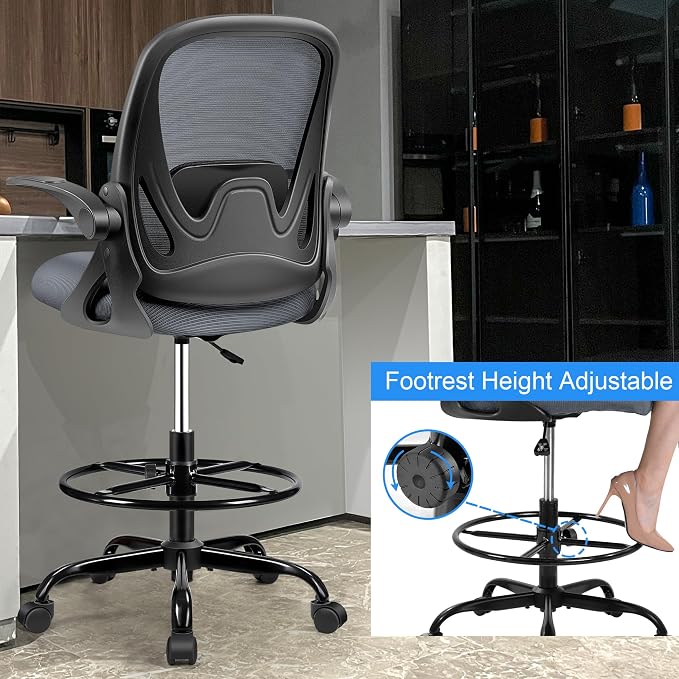 Drafting Chair Tall Office Chair with Flip-up Armrests, Adjustable Height, Enhanced Lumbar Support Ergonomic Rolling Stool, Back Support, Adjustable Foot Rest Ring for Standing Desk Dark Gray - Image 4
