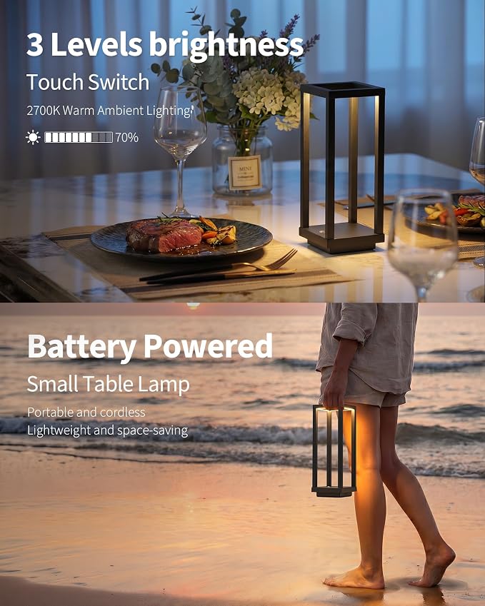 PUSU Cordless Waterproof Table Lamps, Black Outdoor Rechargeable Desk Lamp | 4000mAh Battery Operated, 2700K 3-Level Dimmable, Portable LED Lighting for Patio, Camping, Bedroom, Night Light - Image 4