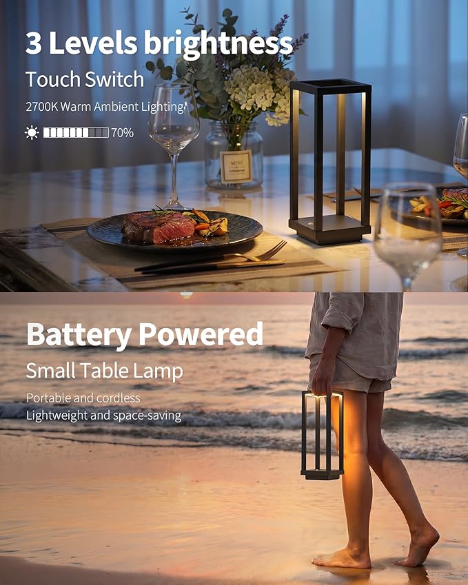 PUSU Cordless Waterproof Table Lamps Set of 2, Black LED Outdoor Desk Lamp | Rechargeable 4000mAh Battery Operated, 2700K 3-Level Dimmable, Portable Lighting for Patio, Camping, Bedroom, Night Light - Image 4