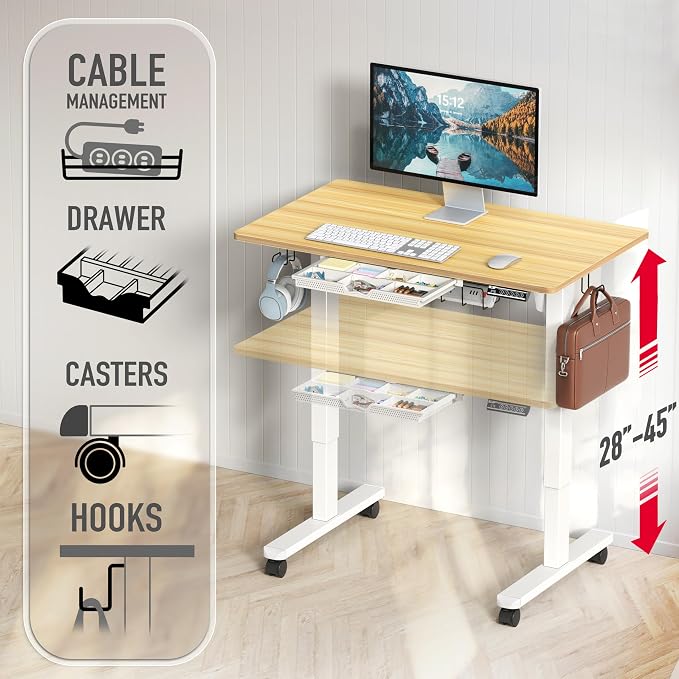 SHW Mobile Electric Height Adjustable Standing Desk w/Drawer, Walnut | 40" Wide Top | w/ Memory Presets and Cable Management | Drawer with adjustable compartments | Hanging Hooks - Image 4