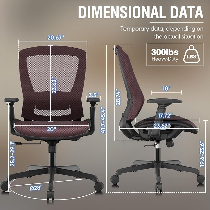 Mesh Office Chair,Ergonomic Computer Desk Chair,Sturdy Task Chair- Adjustable Lumbar Support & Armrests,Tilt Function,Comfort Wide Seat,Swivel Home Office Chair (Red) - Image 3