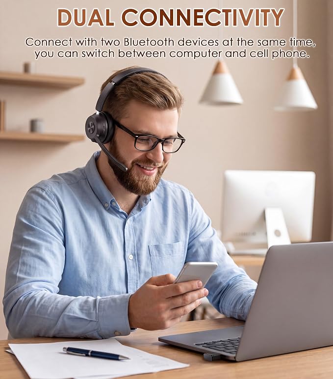 Soothielec Wireless Headset with Mic for Work, Bluetooth Headset with Noise Cancelling (Dark Grey) - Image 3