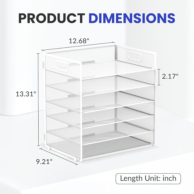 Daltack 6-Tier Paper Organizer for Desk with Handle, White | Sturdy Metal Mesh Organizer with Movable Middle Trays and a Carry Handle for Papers, Folders and Office Supplies - Image 3