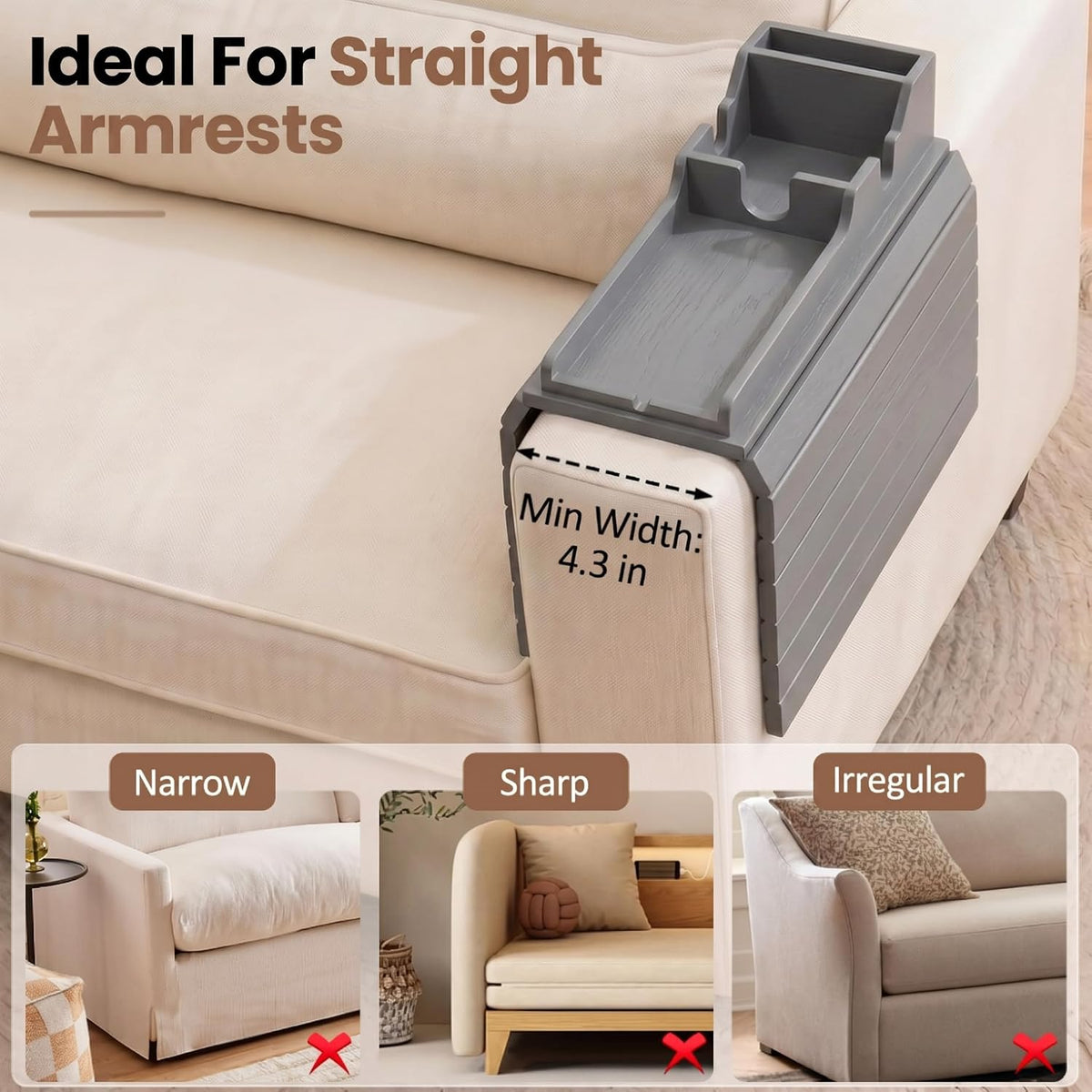 Grey Bamboo Couch Armrest Table, Over the Couch Arm Tray with Removable Couch Cup Holder, 2 in 1 Design Foldable Armchair Couch Caddy and Sofa Drink Cup Holder for Home Essentials Decor Hack - Image 3