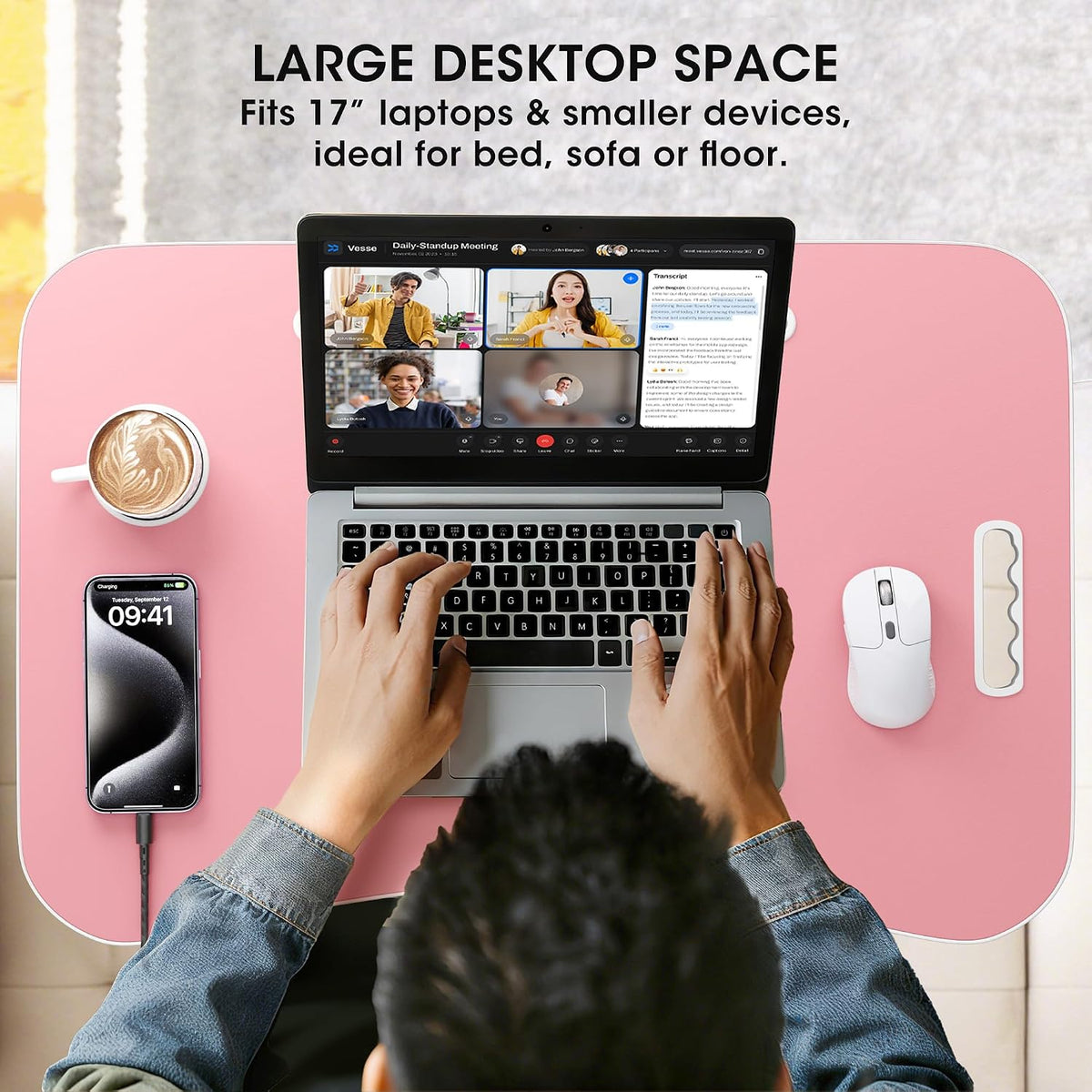 Folding Lap Desk, 23.6 Inch Wood Laptop Bed Desk with Cup Holder, Portable Bed Table for Working Writing Reading & Eating for Bed, Sofa, Couch, Floor - Pink - Image 5