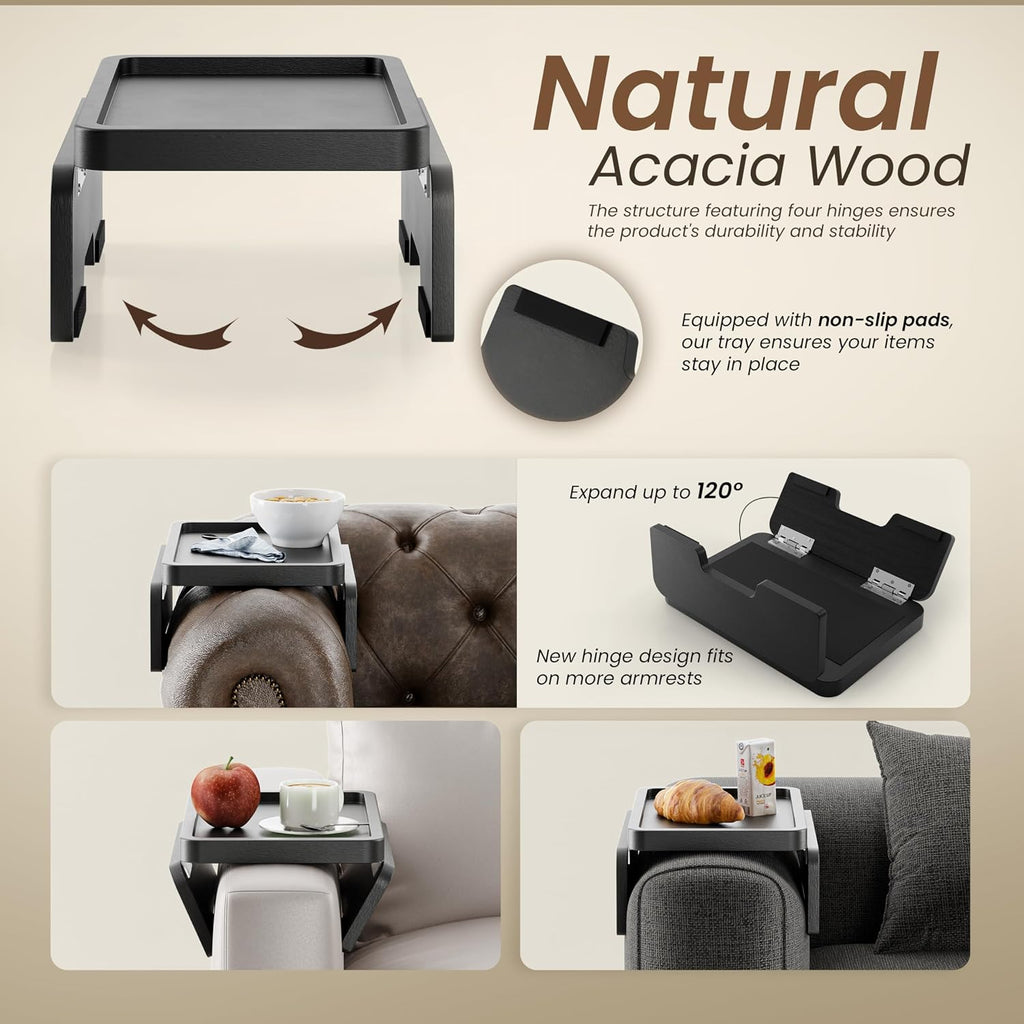Acacia Sofa Arm Tray Table, Double Hinge, Clip-On Couch Tray, Black - Image 2