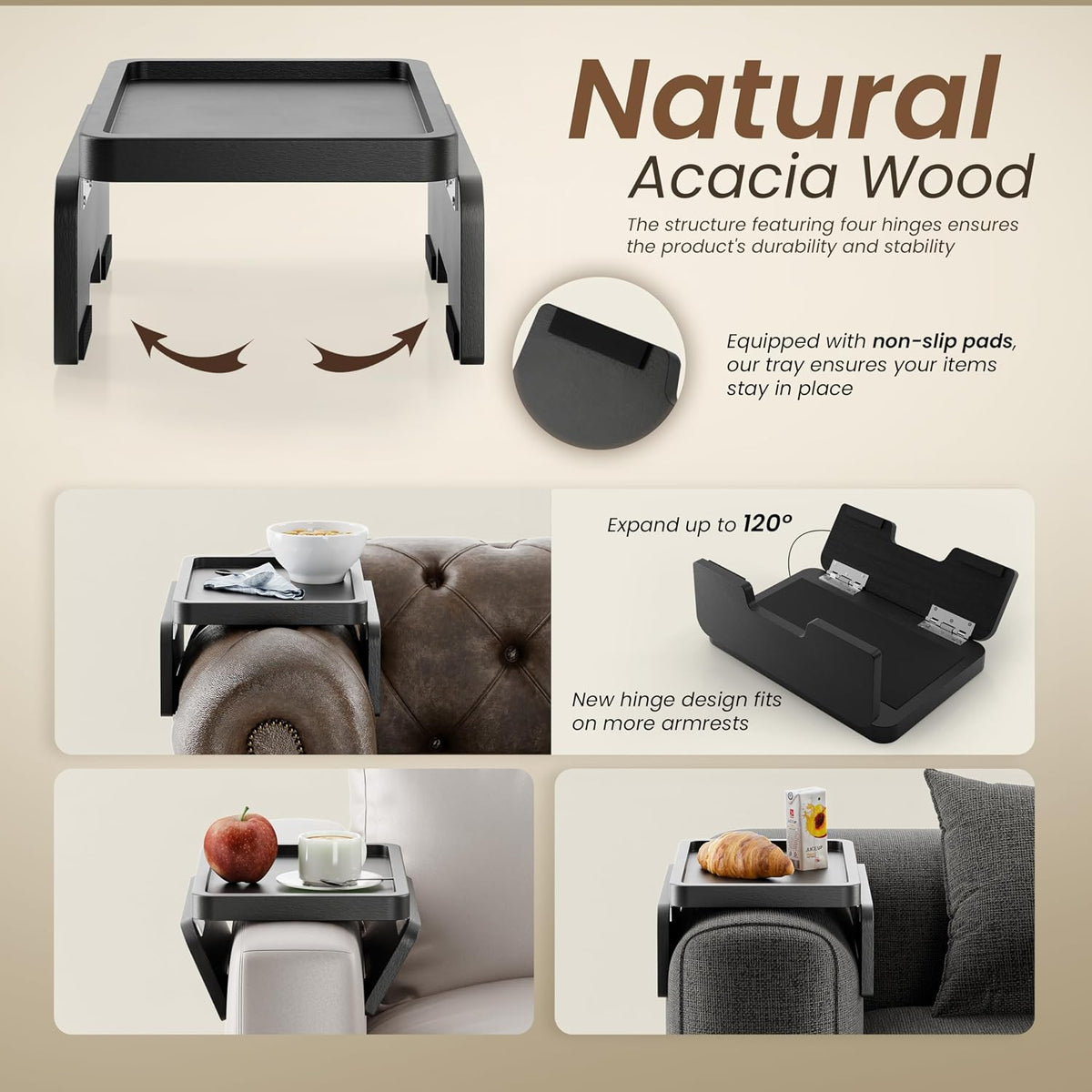 Acacia Sofa Arm Tray Table, Double Hinge, Clip-On Couch Tray, Black - Image 2