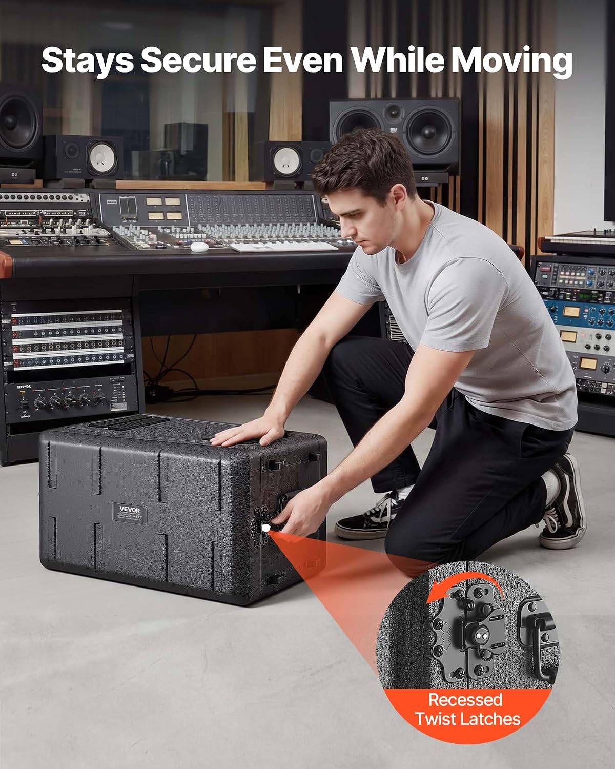 VEVOR 6U Rack Case, 12 in Depth, Rackmount Flight Case Shallow Rack with Microphone Compartment, Polyethylene Construction, Recessed Latches, Easy Installation, for Amplifier, 8.7 in Internal Depth - Image 5