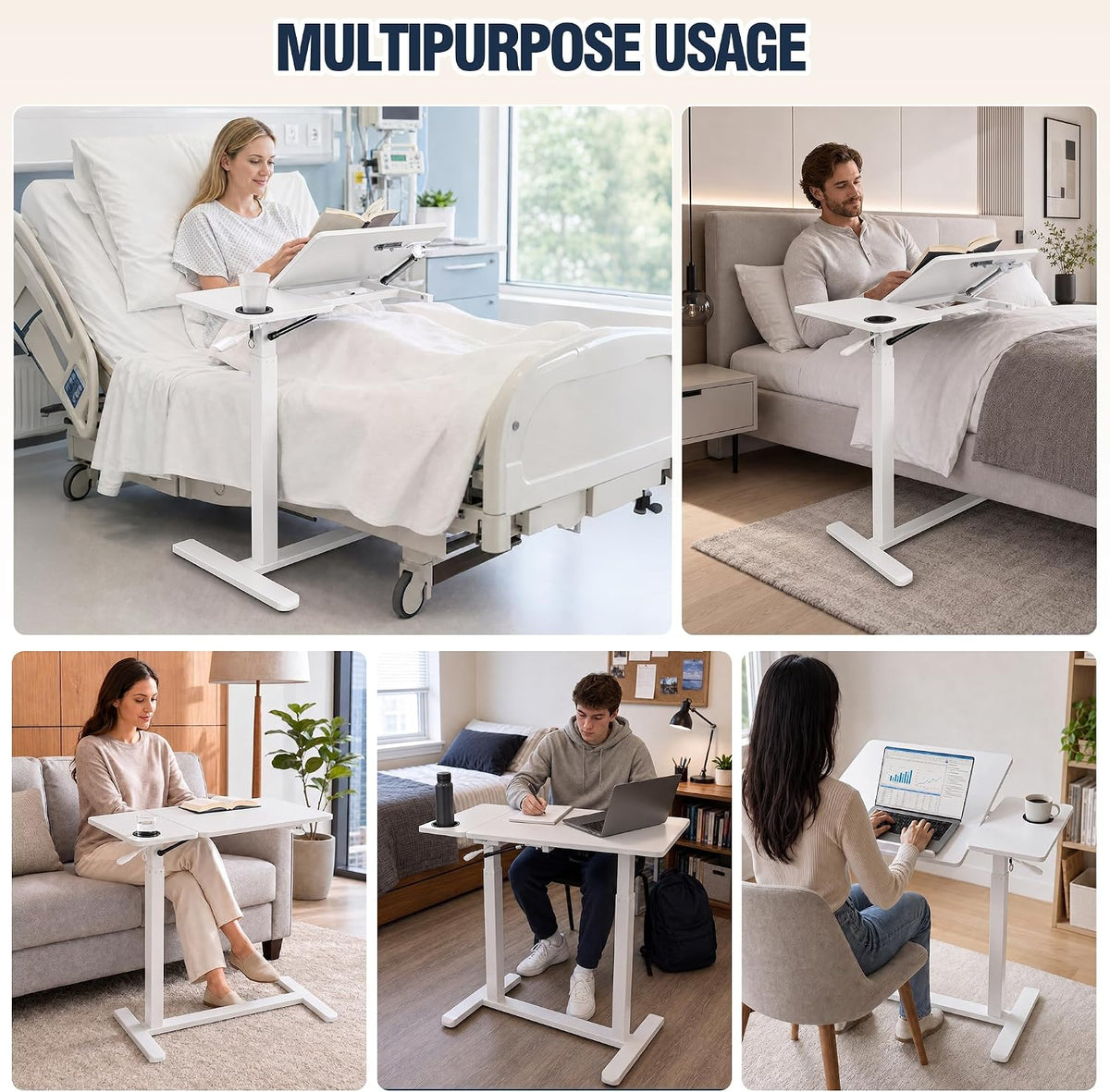 Adjustable Overbed Table with Wheels, Folding Laptop Desk for Bed & Sofa - Image 4