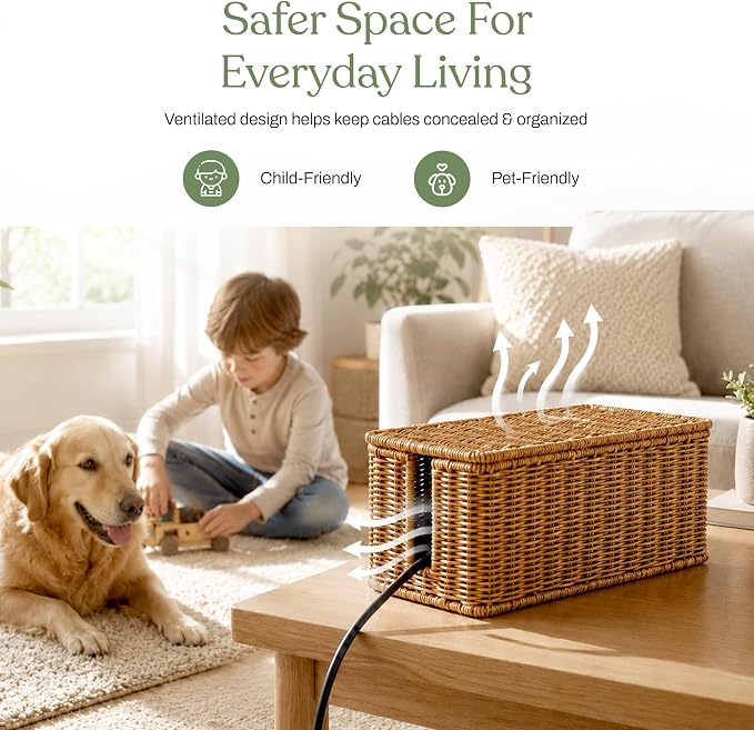 2PCS Cable Management Box Set, Handmade Rattan Cord Organizer | Large & Standard Sizes for Power Strip, Router & USB Hub, Registered U.S. Design Patent - Image 8
