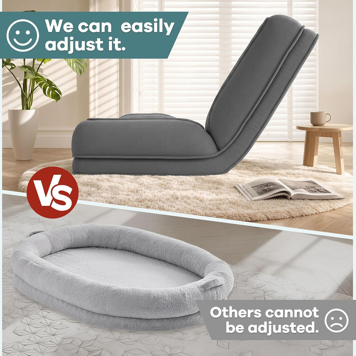 Human Dog Bed for Adults & Pets, 5-Position Adjustable Floor Chair, Convertible Lazy Sofa Bed with Metal Frame & 2 Pillows, Plush Gaming Lounge for Living Room Bedroom Office (Gray1) - Image 4
