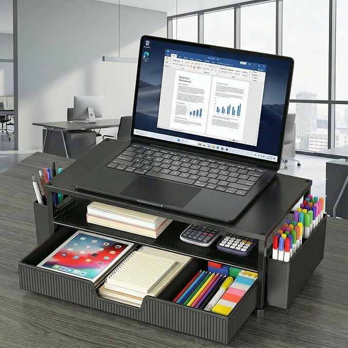 ECOLOVI Desk Organizer and Accessories, 2-Tier Computer Monitor Stand Rise with Storage Drawer & 2 Pen Holders, Laptop & Printer Stand for Desktop, Workspace Organizers for Office Supplies (Black 2-Pack)) - Image 4